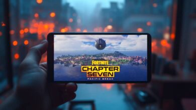 Arte promocional mostrando a ilha Pacific Break para Fortnite Capítulo Sete