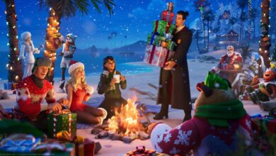 Uma imagem promocional do evento Fortnite Winterfest mostra vários personagens comemorando ao redor de uma fogueira em uma praia nevada, com um personagem segurando uma grande pilha de presentes