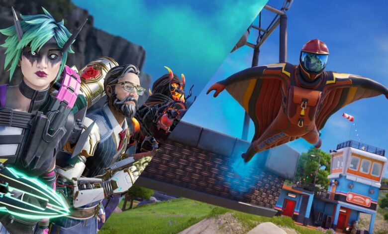 Imagem dividida com personagens de Fortnite e Apex Legends