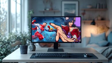 Uma configuração de mesa com um monitor exibindo dois personagens 2XKO Ahri e Invincible VS