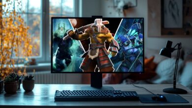 O monitor exibe personagens do popular jogo multiplayer online Dota 2. No centro da imagem está um personagem chamado Juggernaut
