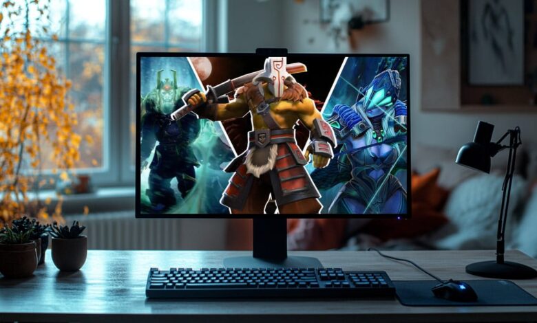 O monitor exibe personagens do popular jogo multiplayer online Dota 2. No centro da imagem está um personagem chamado Juggernaut