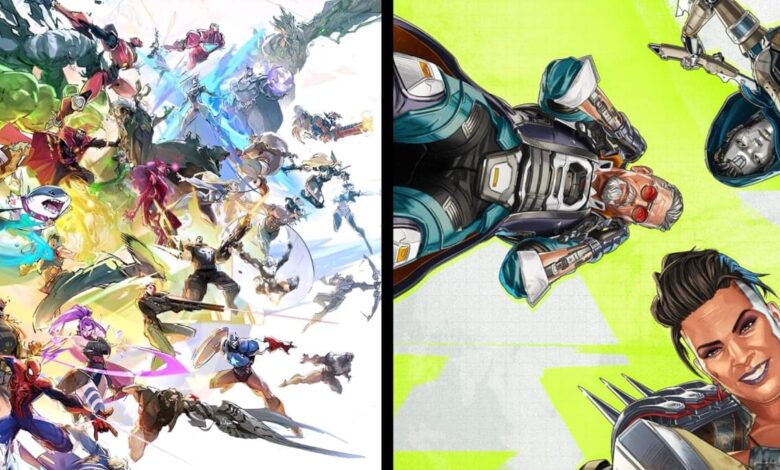 A imagem mostra as capas de dois jogos diferentes: Marvel Rivals (esquerda) e Apex Legends (direita)