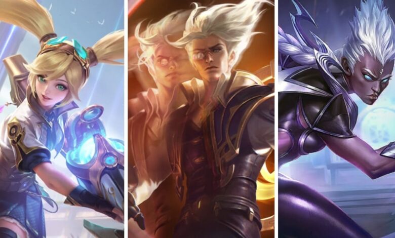 A imagem mostra três personagens do jogo Mobile Legends: Bang Bang: Layla, Natan e Karrie