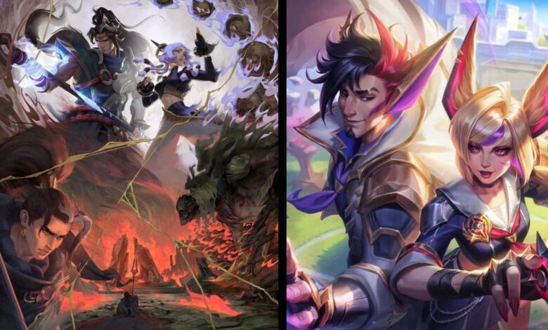 A imagem mostra a arte dos personagens do jogo League of Legends. À esquerda estão os heróis temáticos de Ionia, e à direita estão as imagens de Xayah e Rakan em sua série de skins “Battle Academy”.