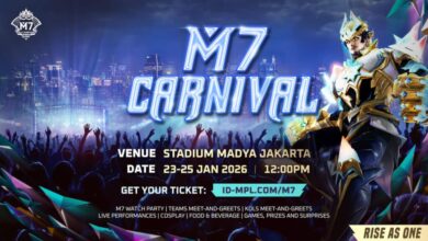 Gráfico promocional do M7 Carnival em Jacarta com personagem do jogo da MLBB e fundo do festival