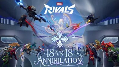 Heróis se enfrentando em uma grande batalha 18v18 no modo Marvel Rivals Annihilation