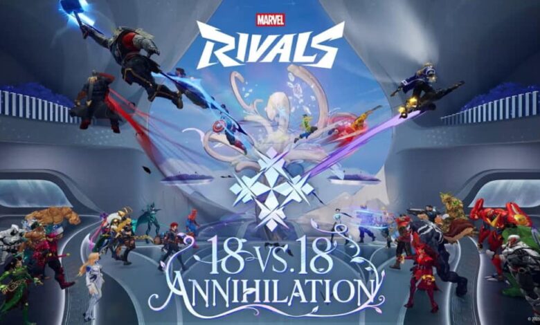 Heróis se enfrentando em uma grande batalha 18v18 no modo Marvel Rivals Annihilation