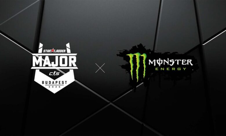 Imagem dos logotipos StarLadder Budapest Major 2025 e Monster Energy em um fundo preto