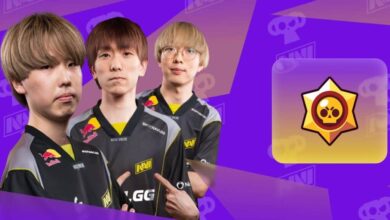 Imagem do antigo elenco do NAVI Brawl Stars vestindo camisetas Navi em um fundo roxo. Um logotipo dourado do Brawl Stars está à direita da imagem cercado por um quadrado transparente dourado claro e roxo