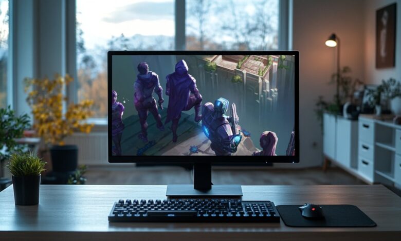 Uma moderna mesa de computador com monitor exibindo uma cena do jogo Valorant, apresentando personagens blindados