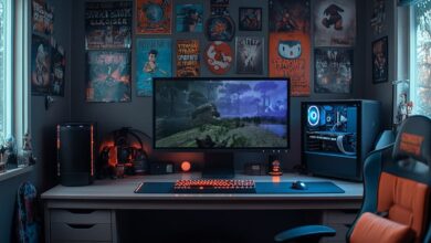 Uma configuração de jogo com um monitor grande exibindo uma cena do PUBG. A mesa tem um teclado colorido, mouse e um PC moderno