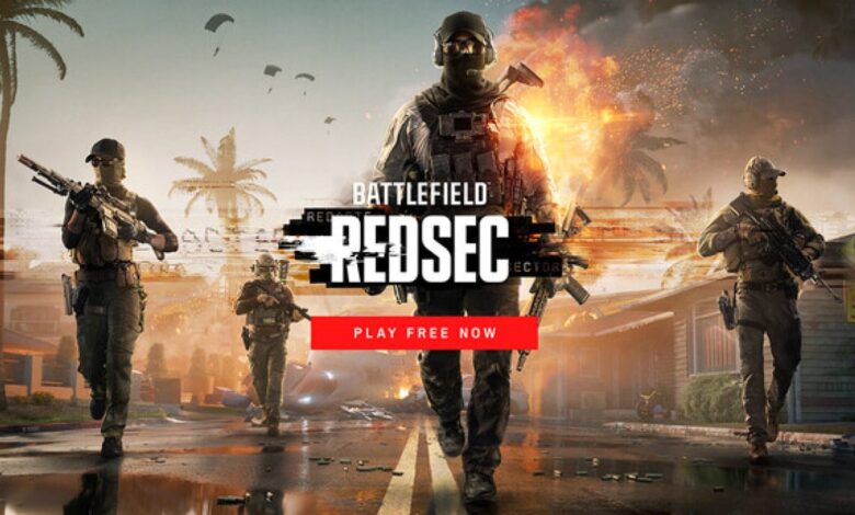 Um esquadrão de soldados com equipamento tático caminha por uma rua, com armas prontas, tendo como pano de fundo explosões e palmeiras. Leituras de texto "Battlefield: Redsec - Jogue de graça agora"