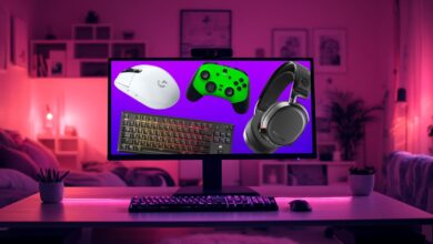 Um monitor de computador em uma sala iluminada em rosa exibe equipamentos de jogos: um mouse branco, um controlador verde, um teclado mecânico e fones de ouvido