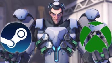 Personagem de Overwatch segurando grandes ícones do Steam e do Xbox para representar a disponibilidade da plataforma