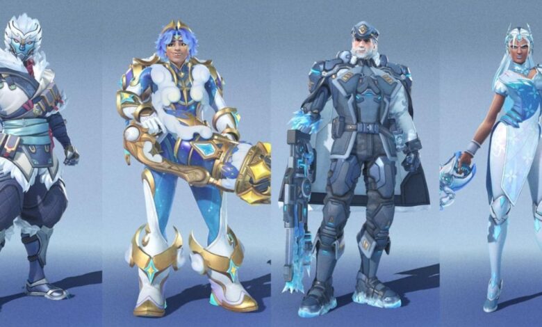 A imagem mostra skins da 20ª temporada do passe de batalha Overwatch 2. Da esquerda para a direita, as skins mostradas são para Genji (Yukizaru Genji), Venture (Celestial Venture), Soldier: 76 (Colder: 76) e Illari (Ice Crystal Symmetra)