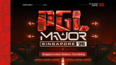 Imagem do logotipo do PGL Singapore Major 2026 em um fundo vermelho escuro e preto