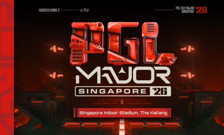Imagem do logotipo do PGL Singapore Major 2026 em um fundo vermelho escuro e preto