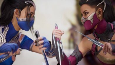 Kitana e Mileena travam armas durante uma luta intensa em Mortal Kombat 1