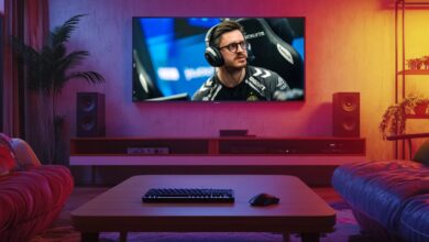 Um grande aparelho de TV exibe Dan "ápice" Madeclaire