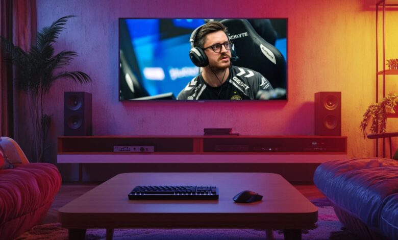 Um grande aparelho de TV exibe Dan "ápice" Madeclaire