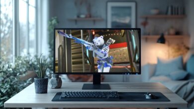 Um quarto aconchegante com mesa e monitor de computador exibindo o personagem Apex Legends