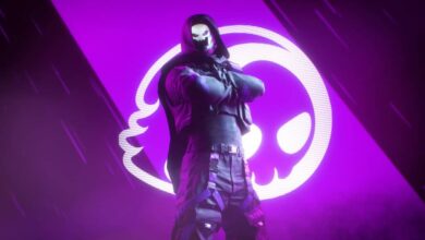 Personagem estilizado posando diante de um emblema brilhante nas Finais