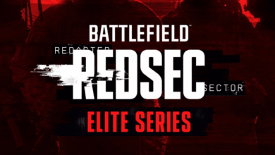 Anúncio de atraso do Battlefield REDSEC Elite Series com gráfico e logotipo vermelho do torneio