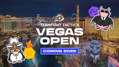 Imagem do logotipo do Teamfight Tactics Vegas Open em um fundo do horizonte de Las Vegas