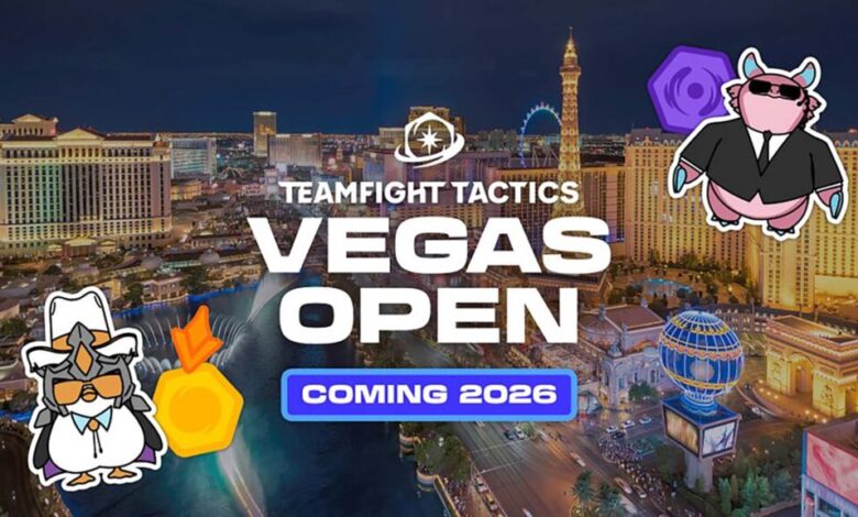 Imagem do logotipo do Teamfight Tactics Vegas Open em um fundo do horizonte de Las Vegas