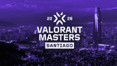 Gráfico do logotipo roxo do VALORANT Masters Santiago com fundo de Santiago, Chile