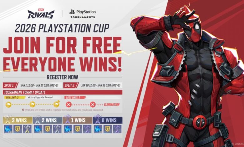 Formato, programação e infográfico de prêmios do Marvel Rivals 2026 PlayStation Cup com Deadpool