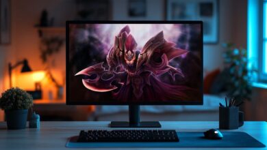 O personagem no monitor é Spectre, um herói do popular jogo MOBA Dota 2