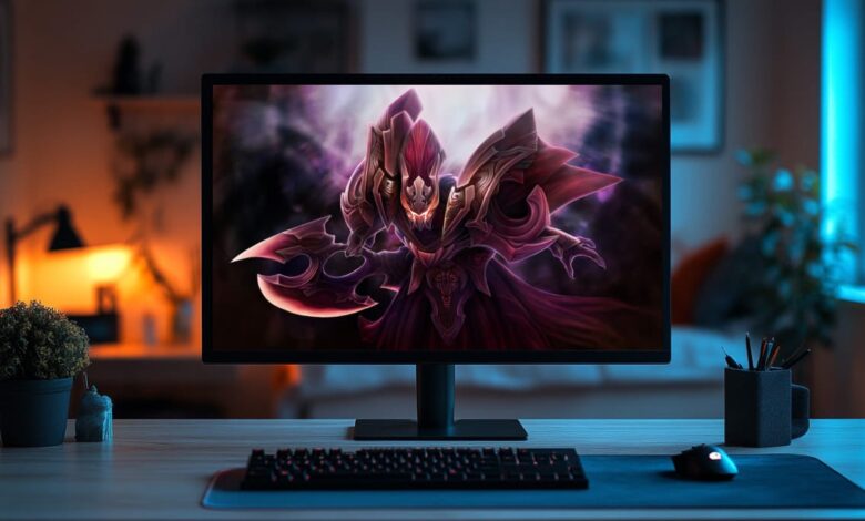 O personagem no monitor é Spectre, um herói do popular jogo MOBA Dota 2