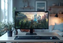 Uma configuração de escritório doméstico simples e moderna apresenta um computador desktop em uma mesa de madeira, exibindo uma captura de tela de um mundo de jogo de fantasia de League of Legends no monitor