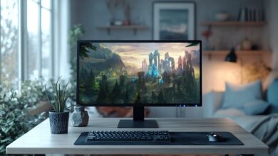 Uma configuração de escritório doméstico simples e moderna apresenta um computador desktop em uma mesa de madeira, exibindo uma captura de tela de um mundo de jogo de fantasia de League of Legends no monitor