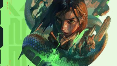 Uma ilustração em close da agente Valorant Viper, uma mulher de cabelos escuros e olhos verdes, cercada por um gás tóxico verde e um grande gráfico de cobra