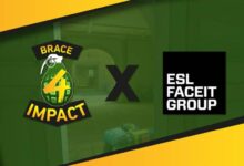 Imagem dos logotipos Brace for Impact e ESL FACEIT Group em um fundo amarelo e verde
