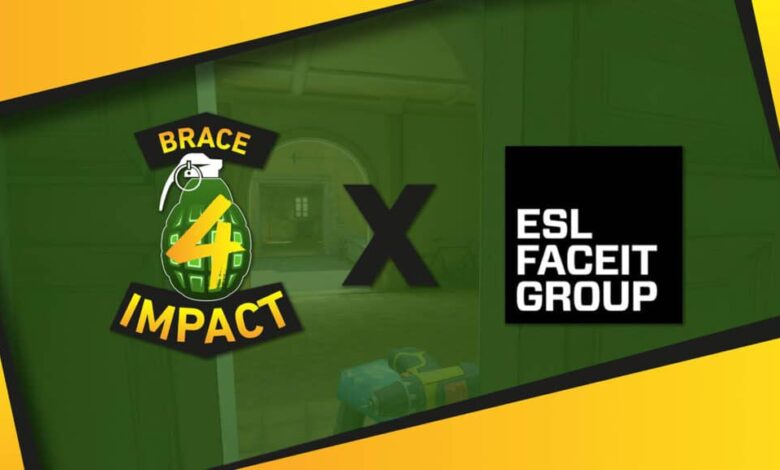 Imagem dos logotipos Brace for Impact e ESL FACEIT Group em um fundo amarelo e verde