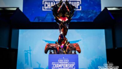 Troféu do Campeonato ALGS Ano 4 com controladores Apex Legends personalizados em Sapporo, estádio do Japão