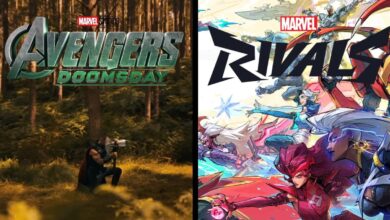 Imagem dividida com pôsteres dos jogos Avengers: Doomsday e Marvel Rivals