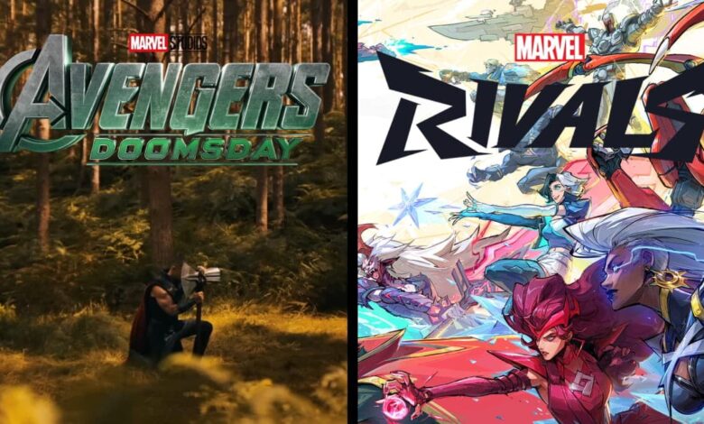 Imagem dividida com pôsteres dos jogos Avengers: Doomsday e Marvel Rivals