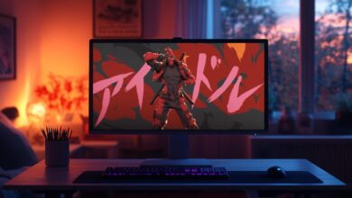 Um monitor de computador exibe uma imagem promocional do personagem Deadpool do videogame Marvel Rivals