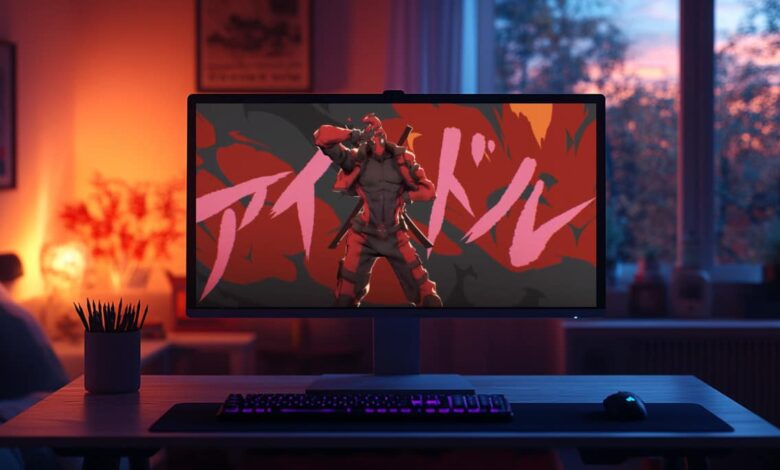Um monitor de computador exibe uma imagem promocional do personagem Deadpool do videogame Marvel Rivals