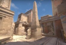 Mapa ESL BLAST CS2 Anubis com a letra B escrita em vermelho em um pilar