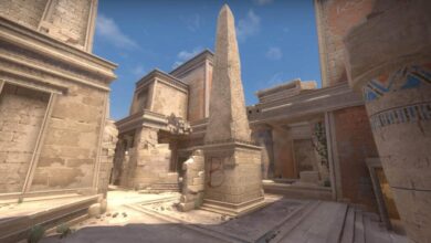 Mapa ESL BLAST CS2 Anubis com a letra B escrita em vermelho em um pilar