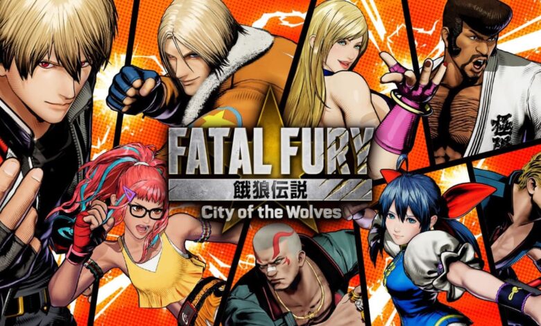 A imagem é uma arte promocional do jogo de luta Fatal Fury: City of the Wolves