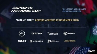 Imagem dos logotipos da Esports Nations Cup nos cantos superior esquerdo e inferior direito. O centro da imagem inclui uma caixa de vários desenvolvedores e editores de jogos em um fundo de bandeiras e silhuetas