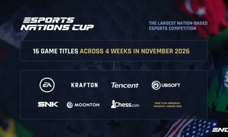 Imagem dos logotipos da Esports Nations Cup nos cantos superior esquerdo e inferior direito. O centro da imagem inclui uma caixa de vários desenvolvedores e editores de jogos em um fundo de bandeiras e silhuetas