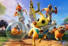 Uma imagem promocional dos animais de estimação companheiros do Fortnite, apresentando um cachorro amarelo vestindo uma casca de banana